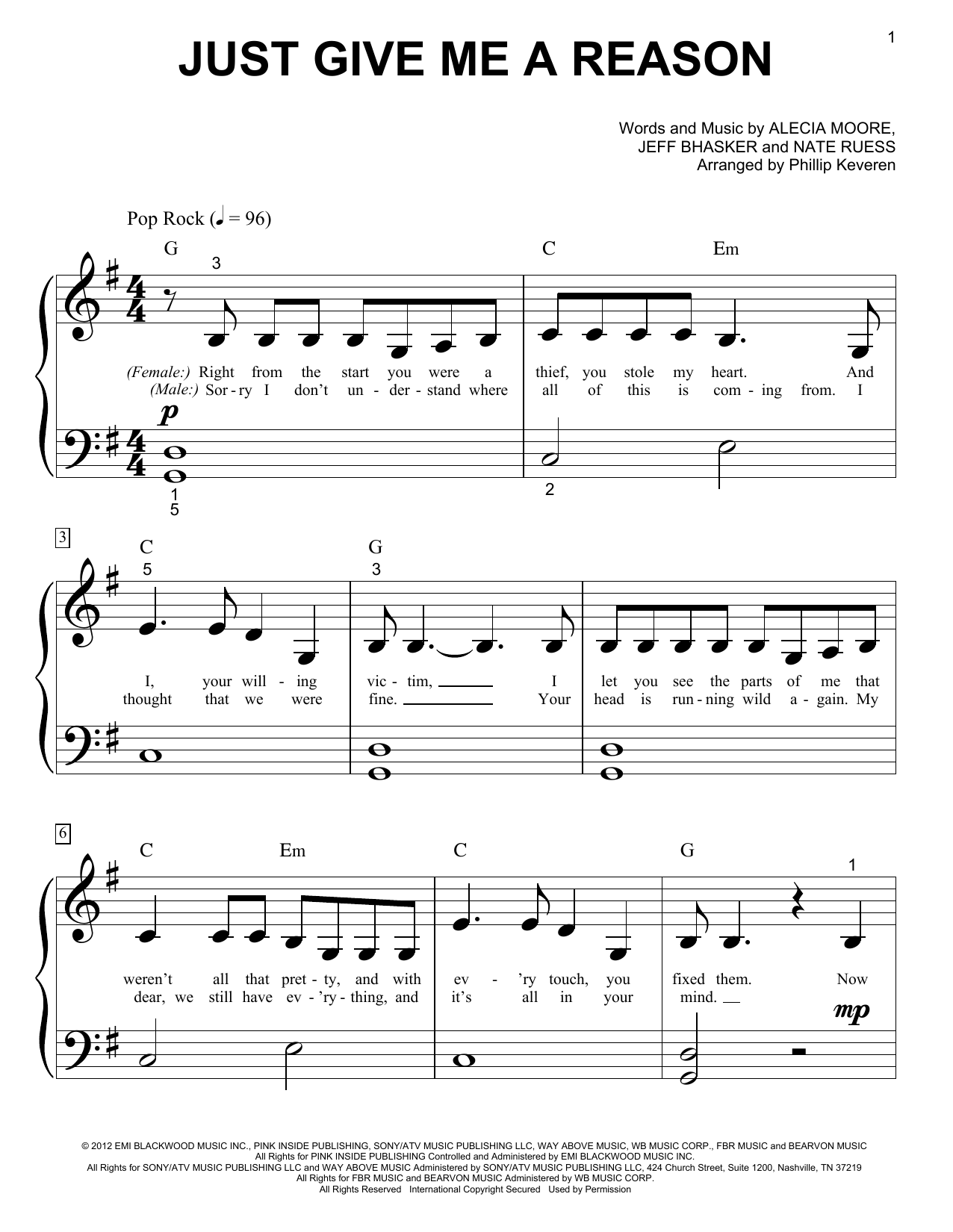 Download Pink Just Give Me A Reason (feat. Nate Ruess Sheet Music