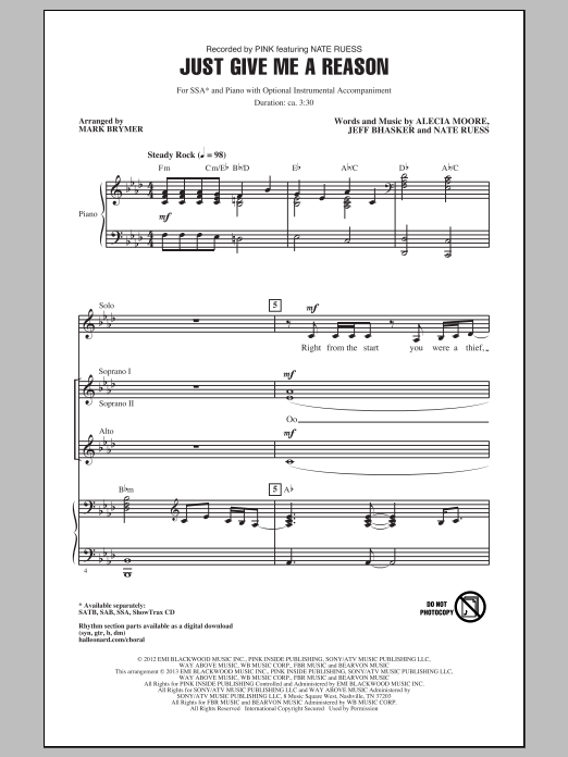 Download Pink Just Give Me A Reason (arr. Mark Brymer Sheet Music