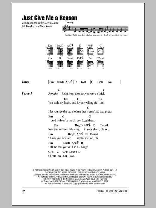 Download Pink featuring Nate Ruess Just Give Me A Reason Sheet Music