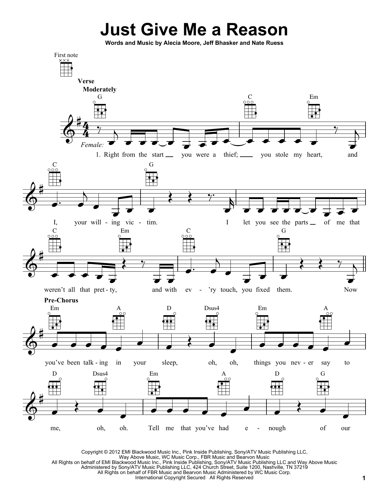 Download Pink featuring Nate Ruess Just Give Me A Reason Sheet Music