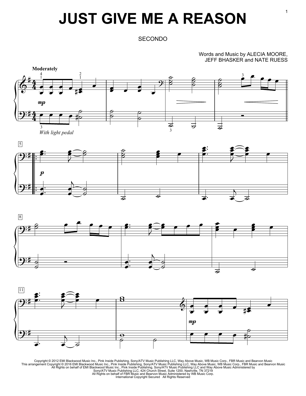 Download Pink Just Give Me A Reason (feat. Nate Ruess Sheet Music