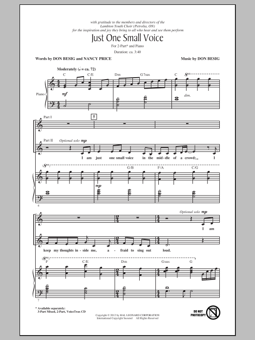 Download Don Besig Just One Small Voice Sheet Music