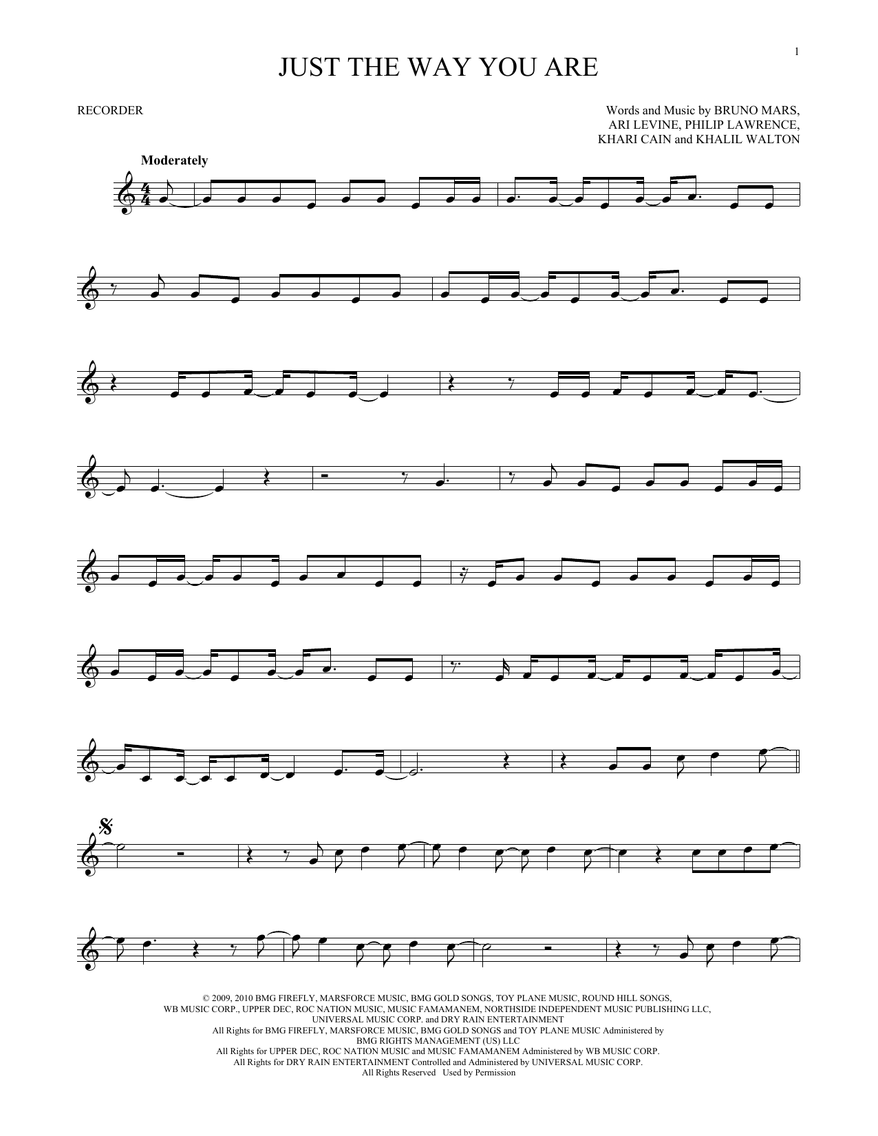 Download Bruno Mars Just The Way You Are Sheet Music