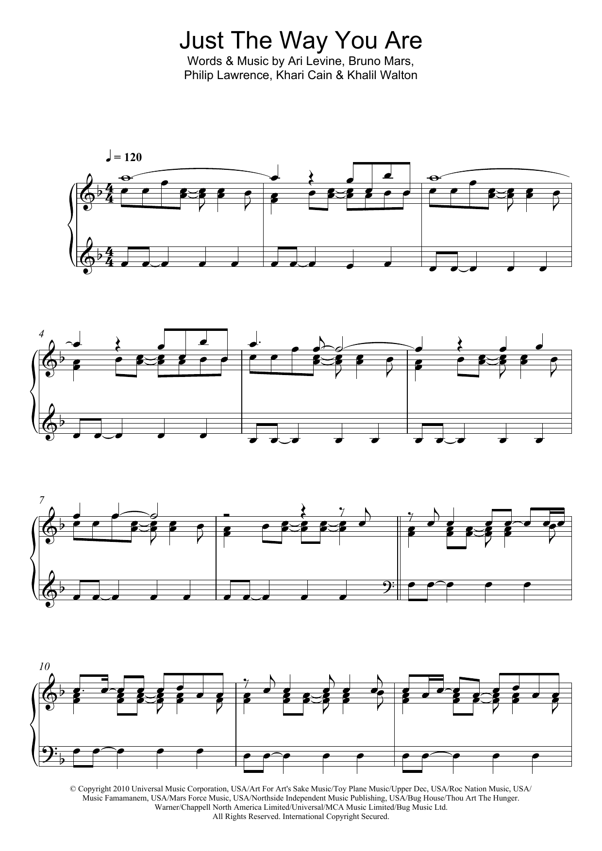 Download Bruno Mars Just The Way You Are Sheet Music