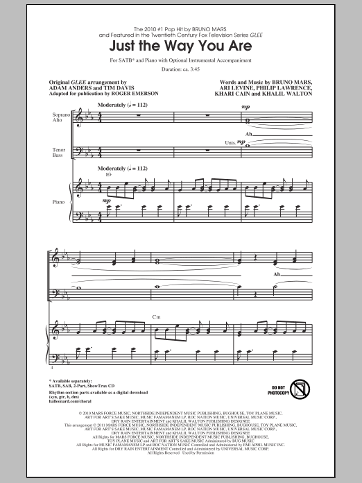 Download Bruno Mars Just The Way You Are (from Glee) (arr. Sheet Music