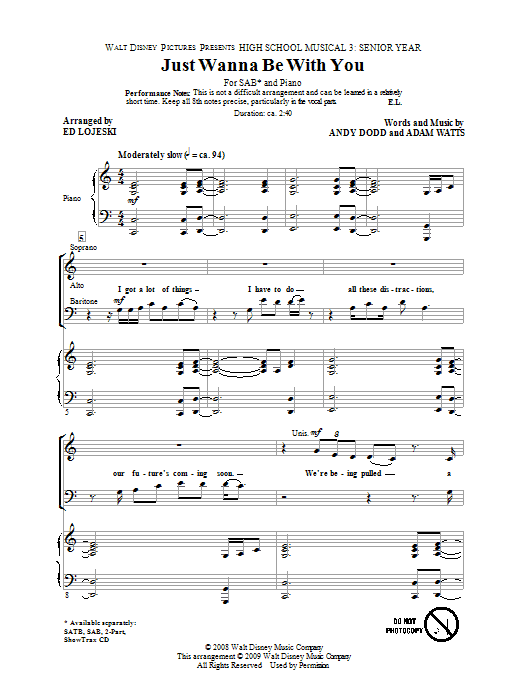 Download High School Musical 3 Just Wanna Be With You (arr. Ed Lojeski Sheet Music