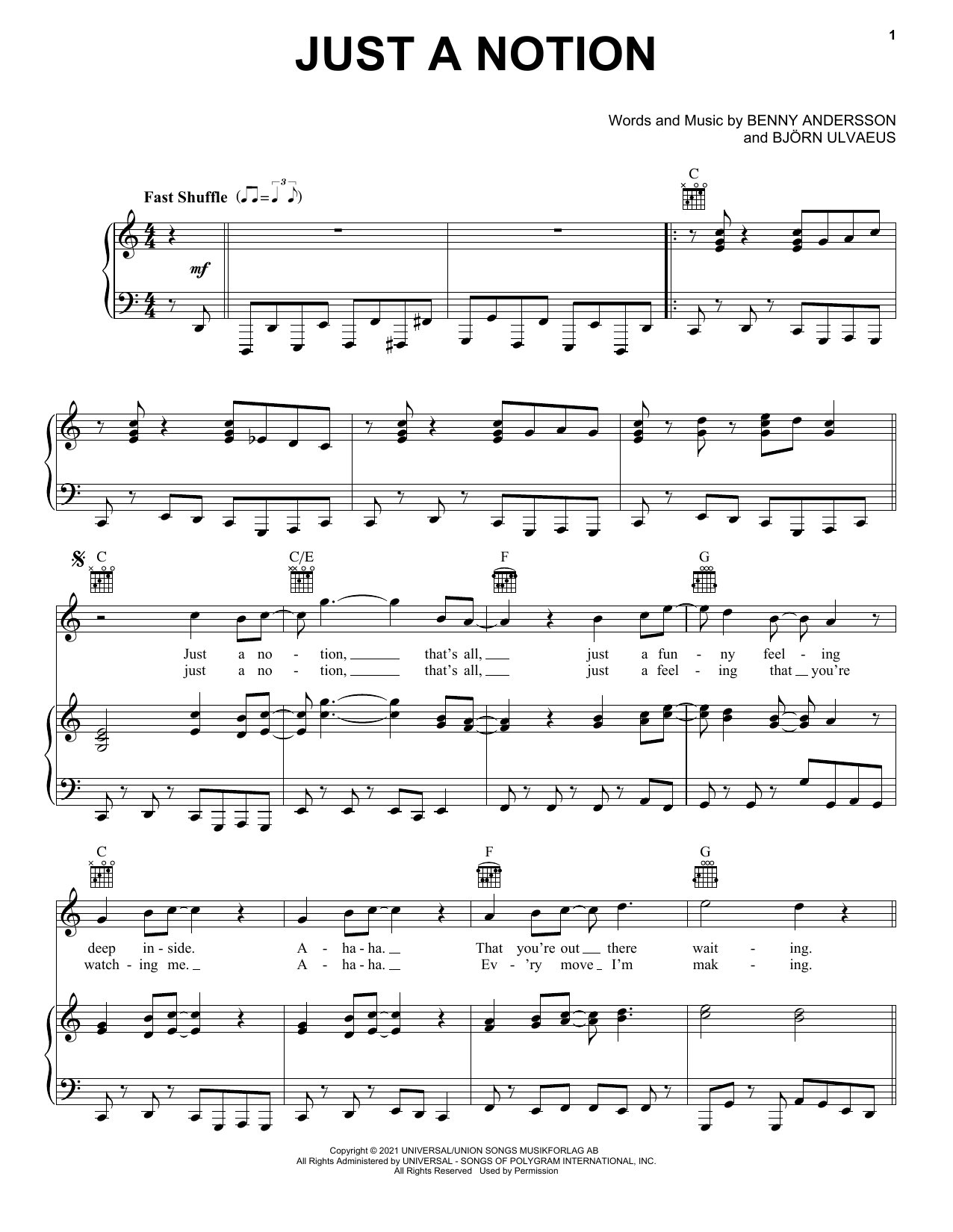 ABBA Just A Notion sheet music notes printable PDF score