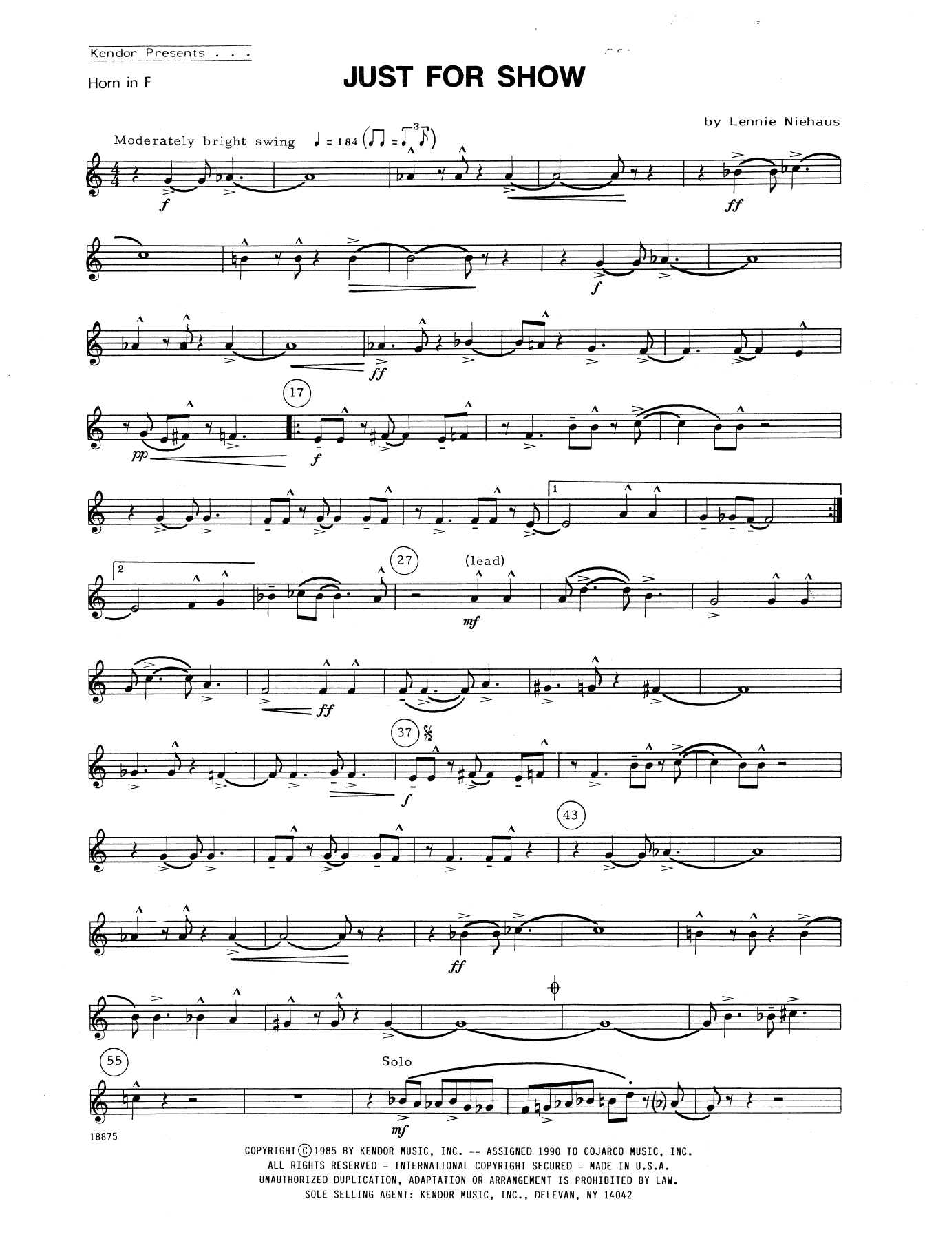 Download Lennie Niehaus Just For Show - Horn in F Sheet Music