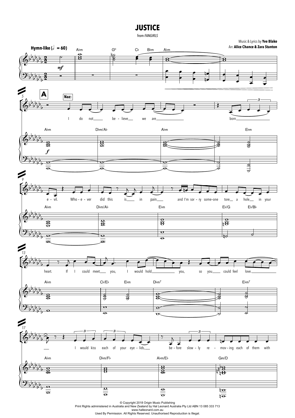 Download Yve Blake Justice (from Fangirls) (arr. Alice Cha Sheet Music