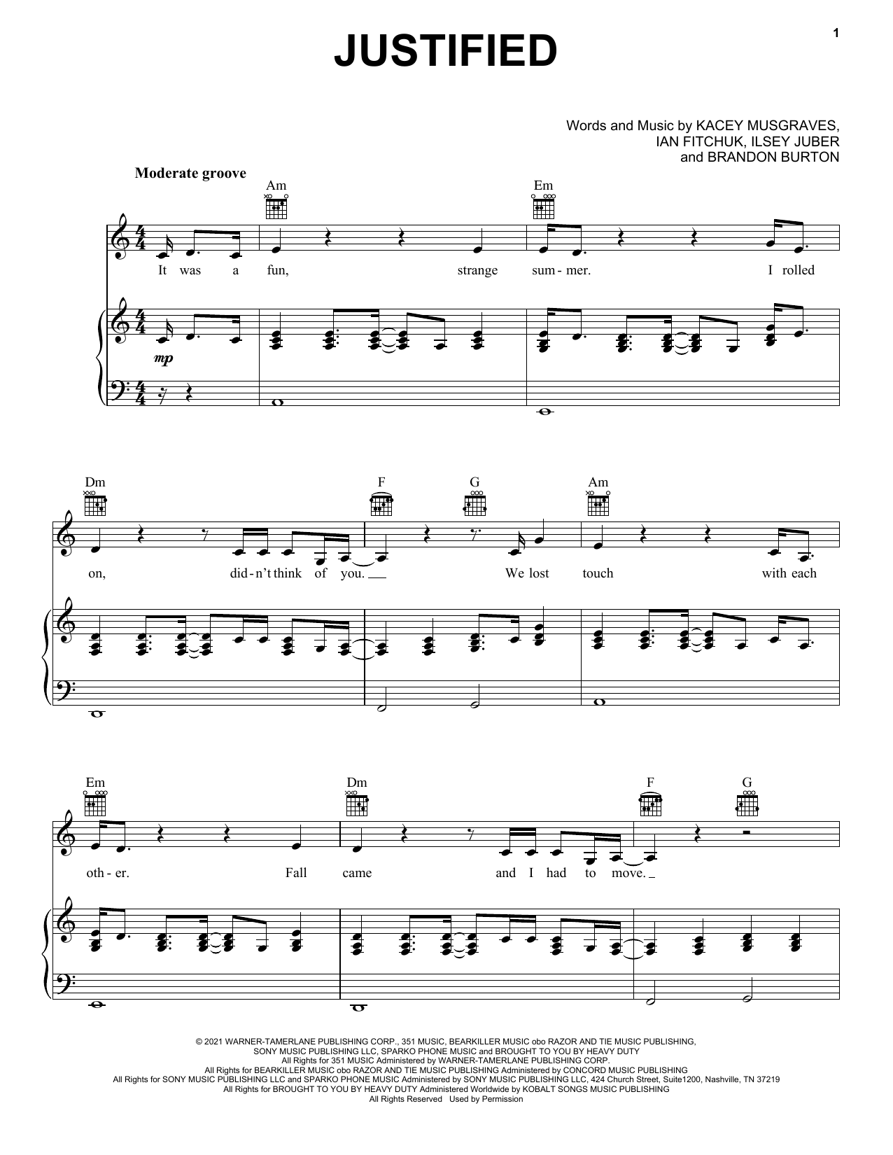 Kacey Musgraves Justified sheet music notes printable PDF score