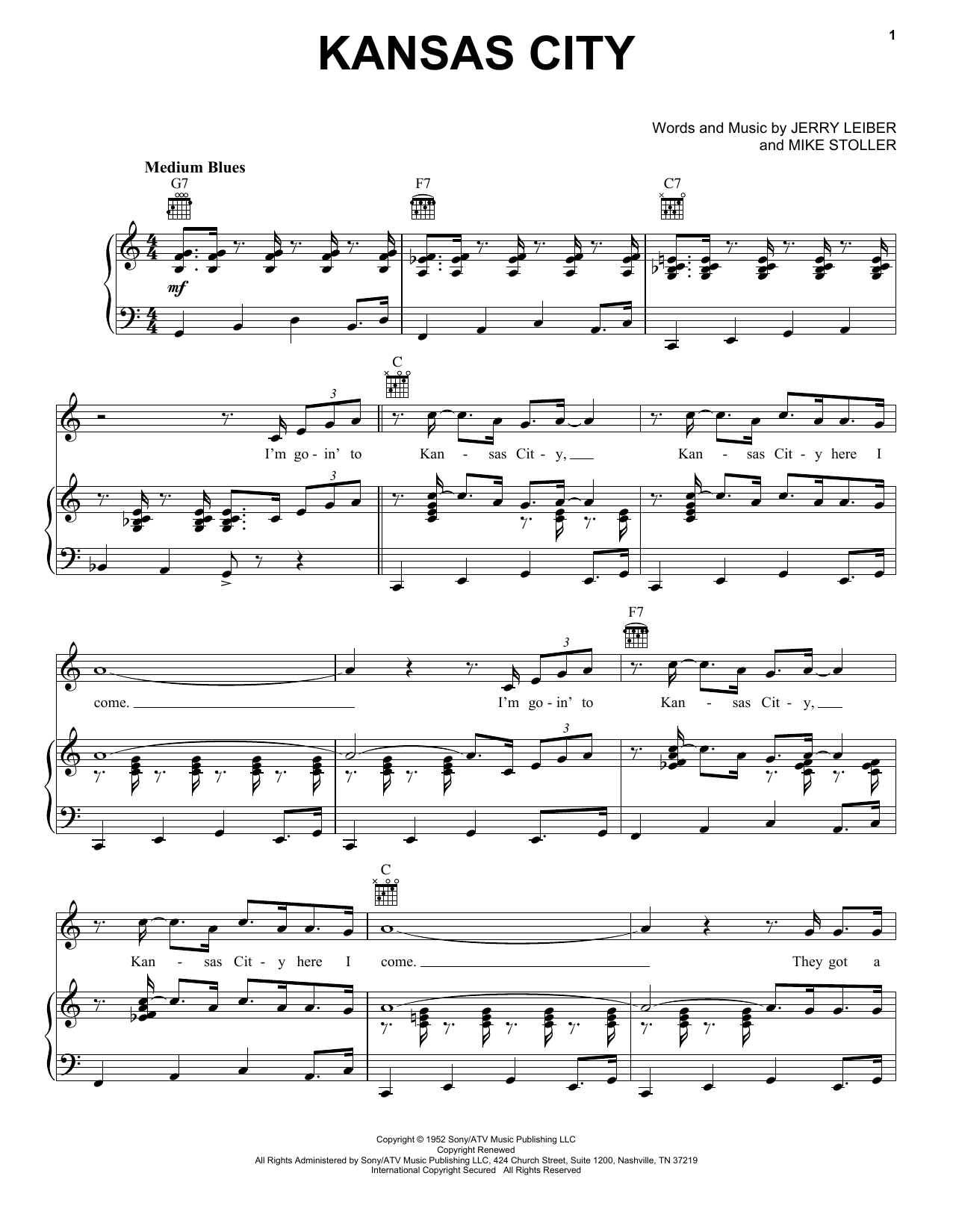 Wilbert Harrison Kansas City sheet music notes printable PDF score