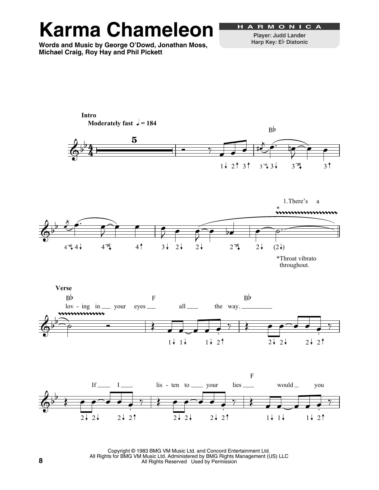 Culture Club Karma Chameleon sheet music notes printable PDF score