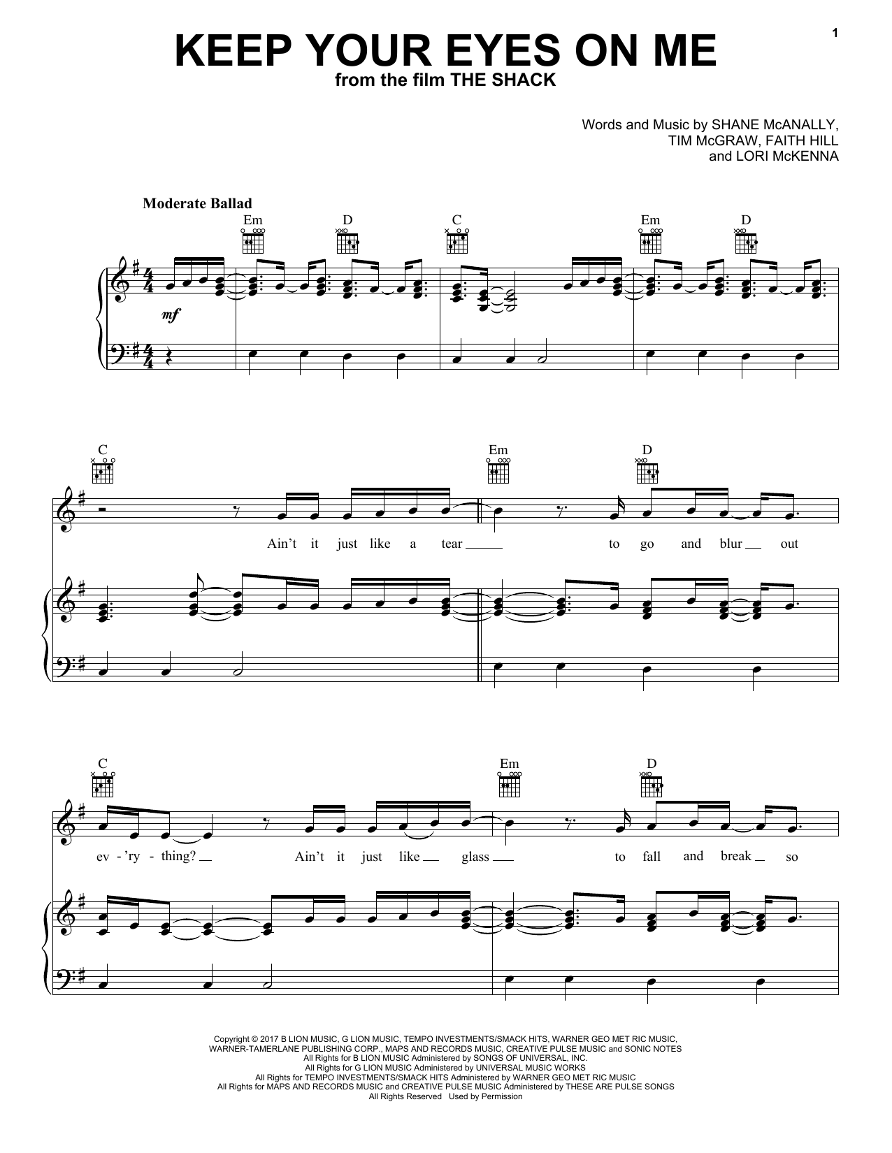 Download Tim McGraw and Faith Hill Keep Your Eyes On Me (from The Shack) Sheet Music