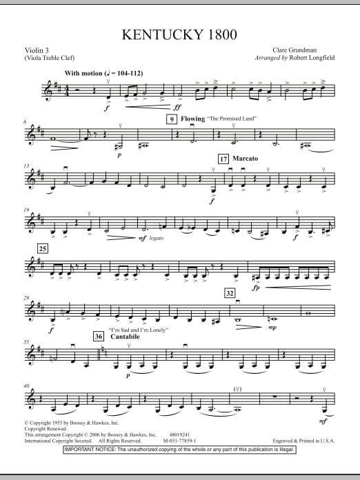 Download Robert Longfield Kentucky 1800 - Violin 3 (Viola T.C.) Sheet Music
