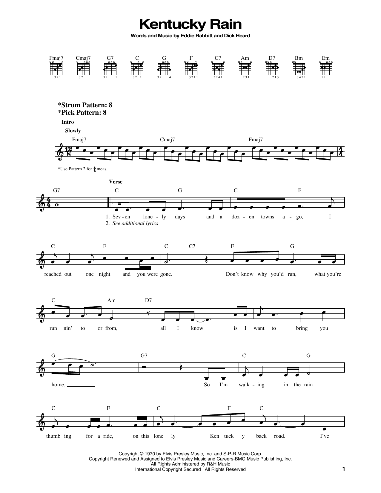 Elvis Presley Kentucky Rain sheet music notes printable PDF score