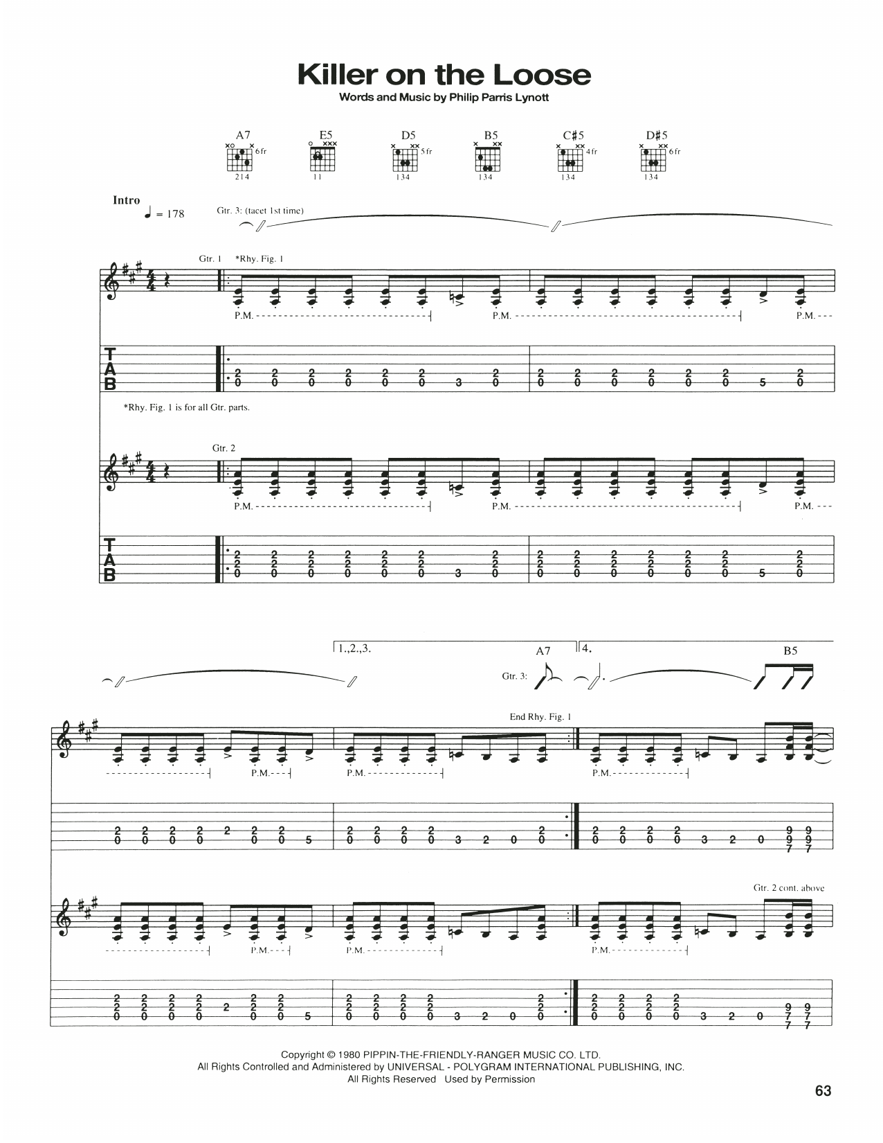 Download Thin Lizzy Killer On The Loose Sheet Music