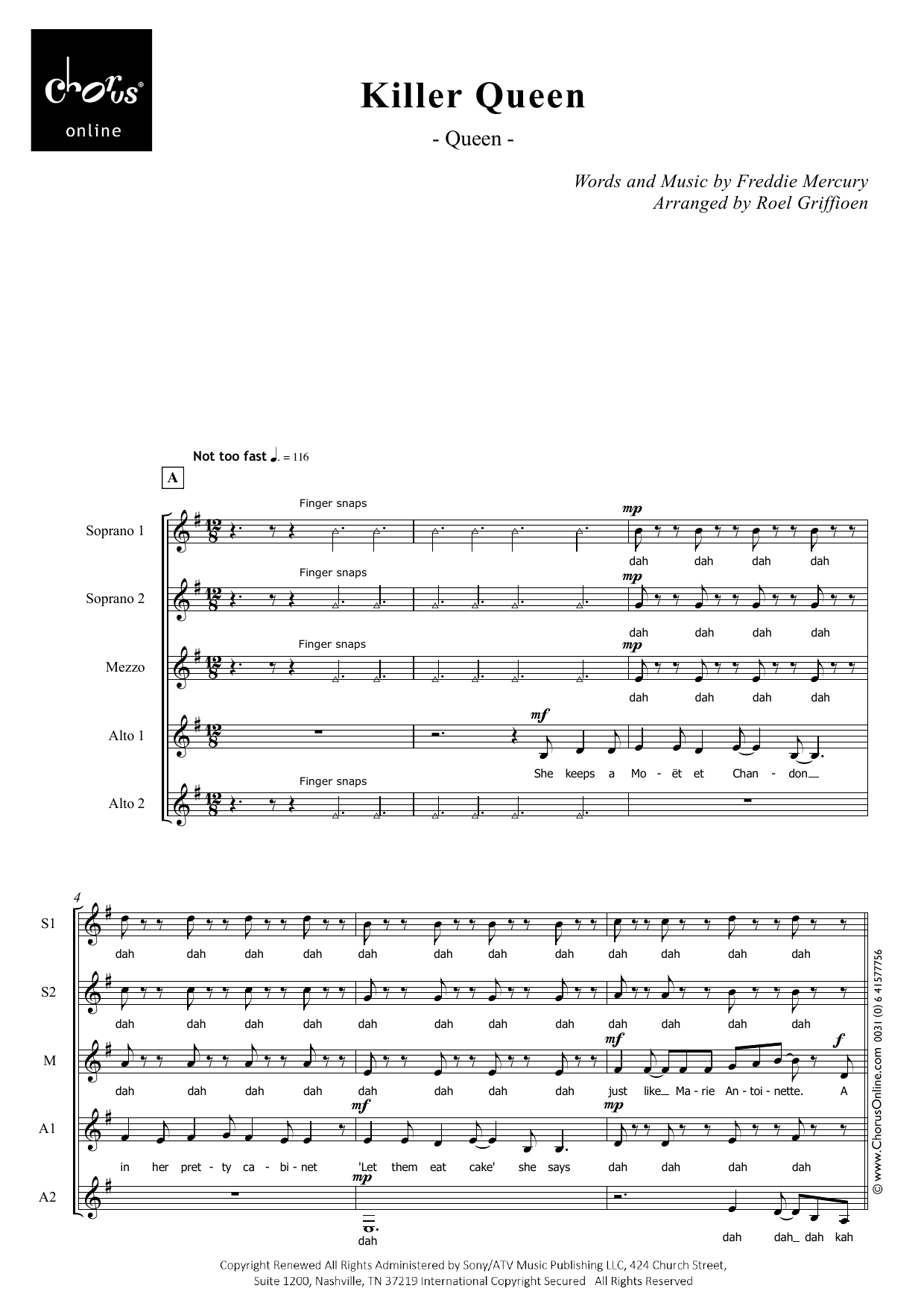 Queen Killer Queen (arr. Roel Griffioen) sheet music notes printable PDF score