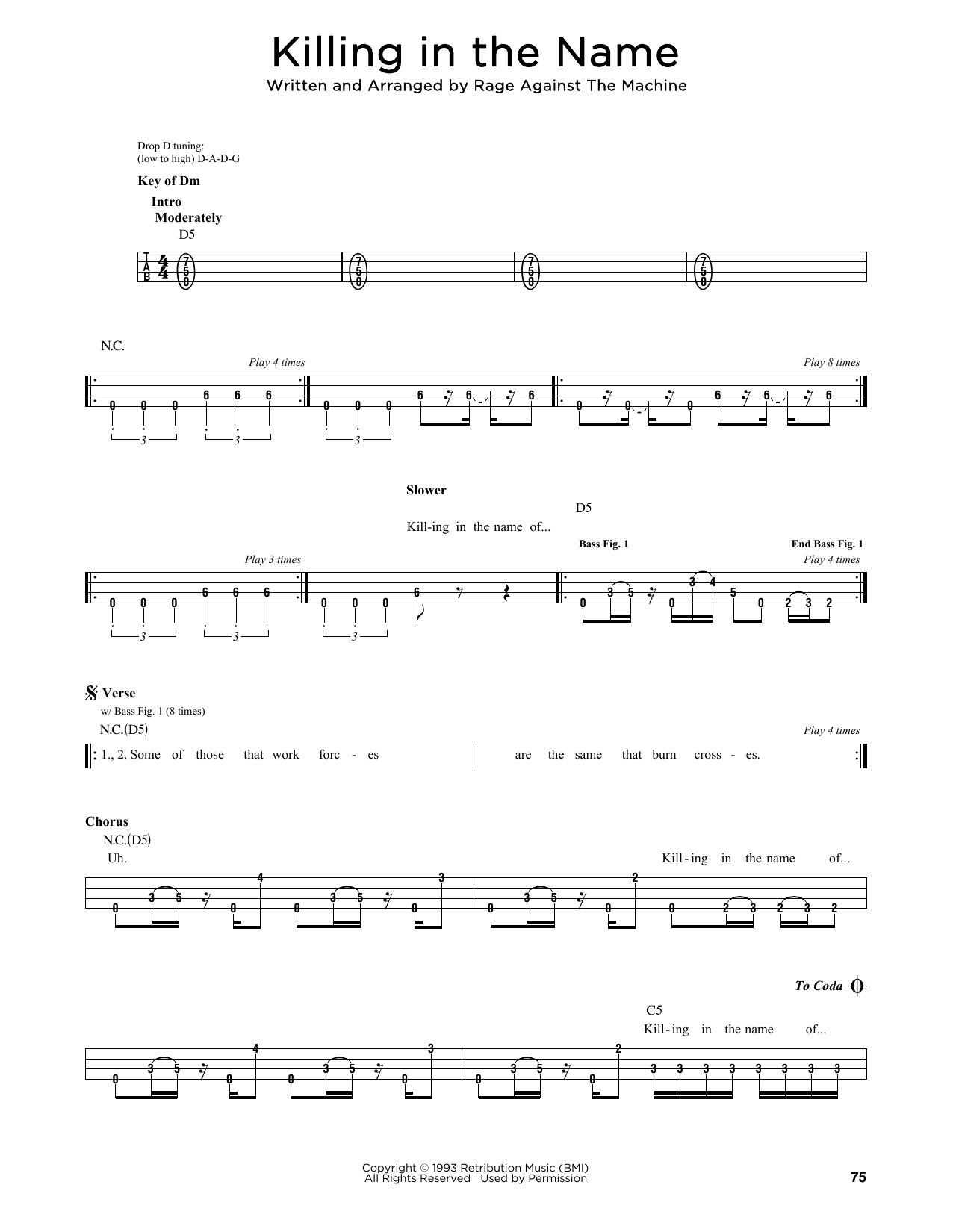 Rage Against The Machine Killing In The Name sheet music notes printable PDF score