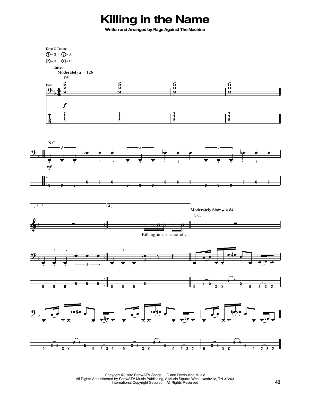 Download Rage Against The Machine Killing In The Name Sheet Music