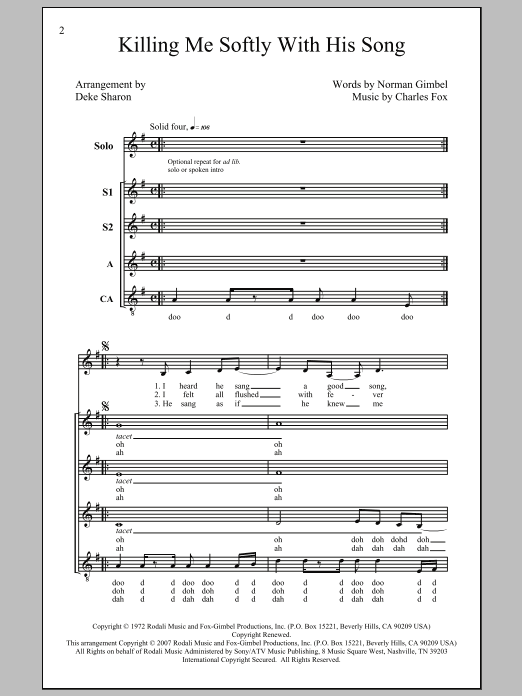 Download Roberta Flack Killing Me Softly With His Song (arr. D Sheet Music