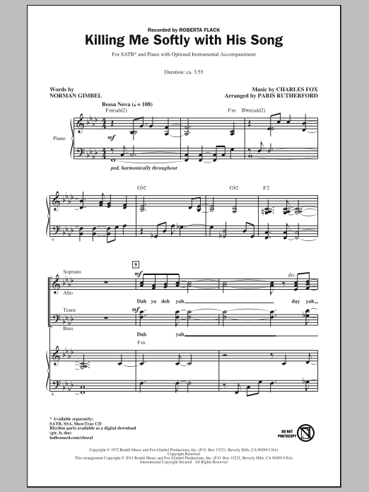 Download Roberta Flack Killing Me Softly With His Song (arr. P Sheet Music