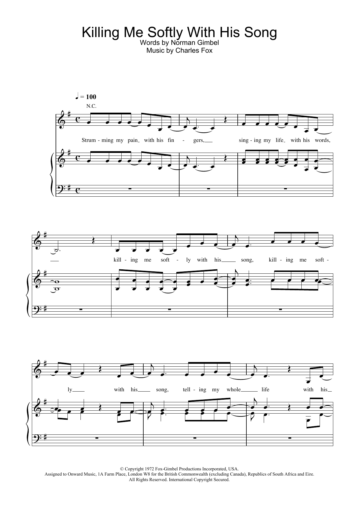 Fugees Killing Me Softly With His Song sheet music notes printable PDF score