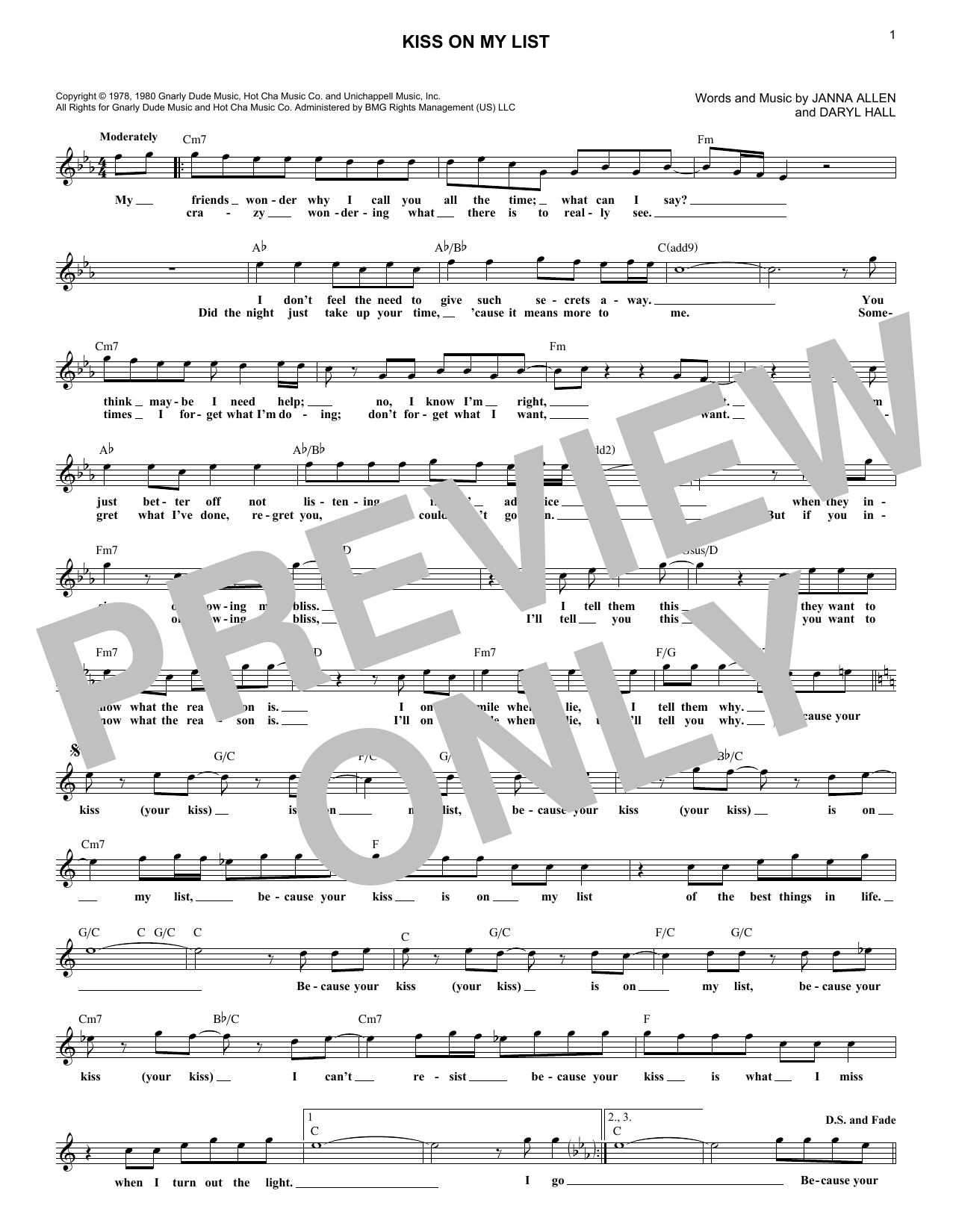 Download Hall & Oates Kiss On My List Sheet Music