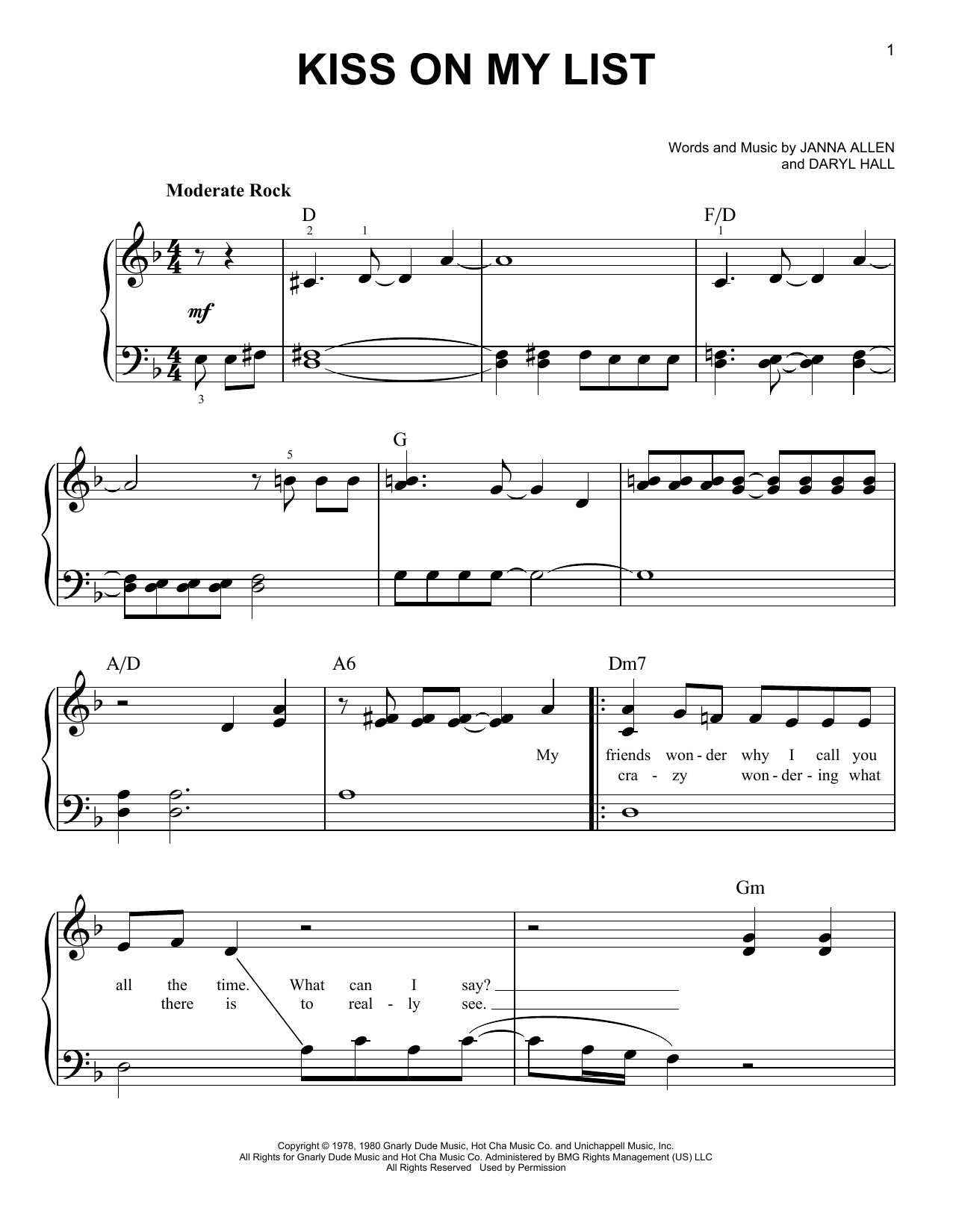 Download Hall & Oates Kiss On My List Sheet Music