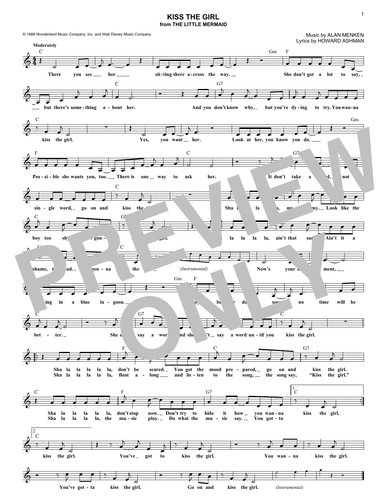 Alan Menken & Howard Ashman Kiss The Girl (from The Little Mermaid) sheet music notes printable PDF score