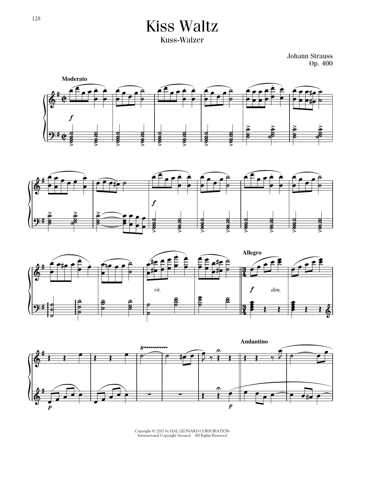Johann Strauss Kiss Waltz, Op. 400 sheet music notes printable PDF score