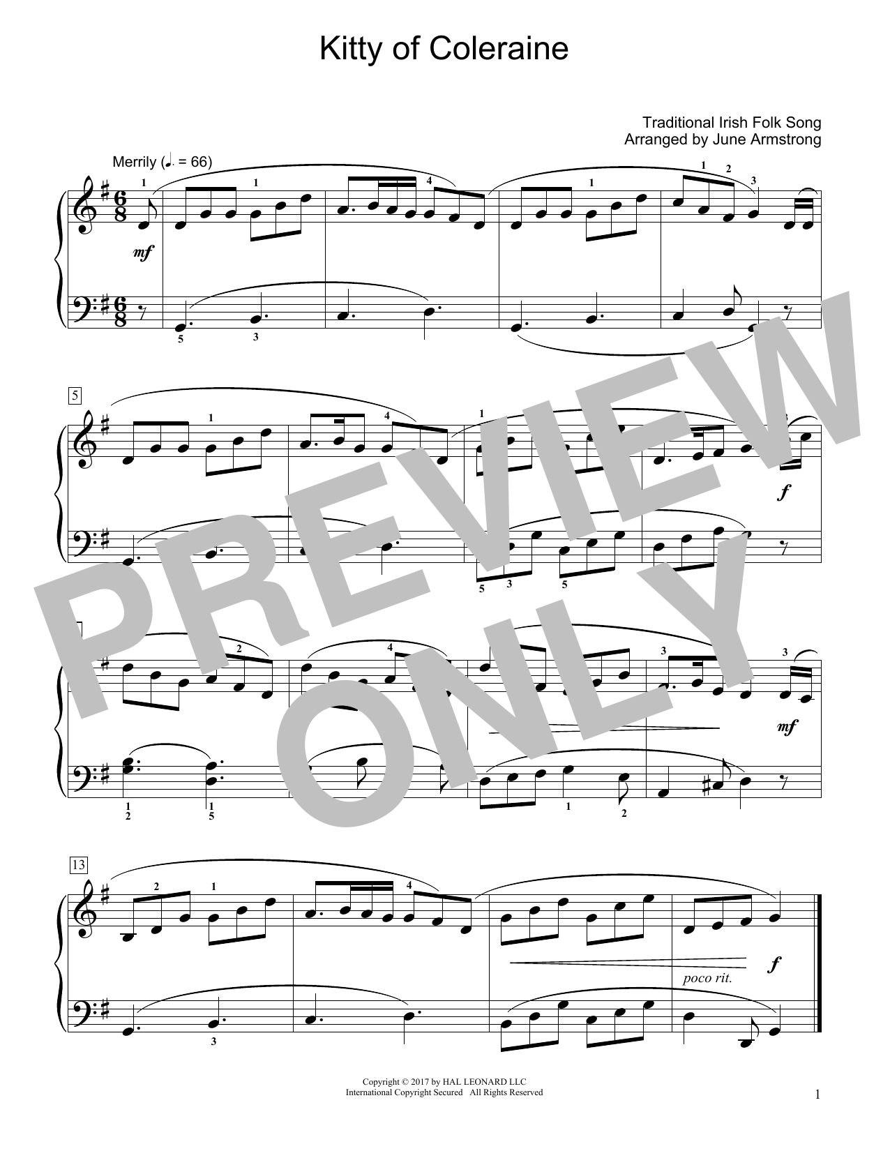 Download Traditional Irish Folk Song Kitty Of Coleraine (arr. June Armstrong Sheet Music