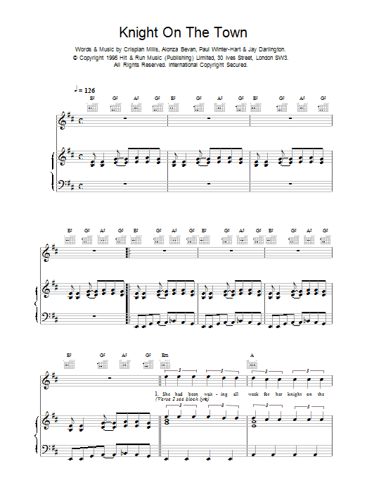 Kula Shaker Knight On The Town sheet music notes printable PDF score