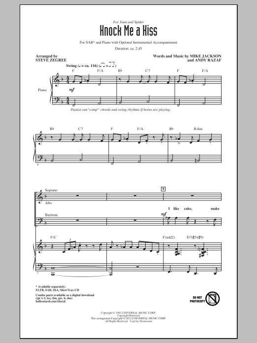 Download Louis Jordan Knock Me A Kiss (arr. Steve Zegree) Sheet Music