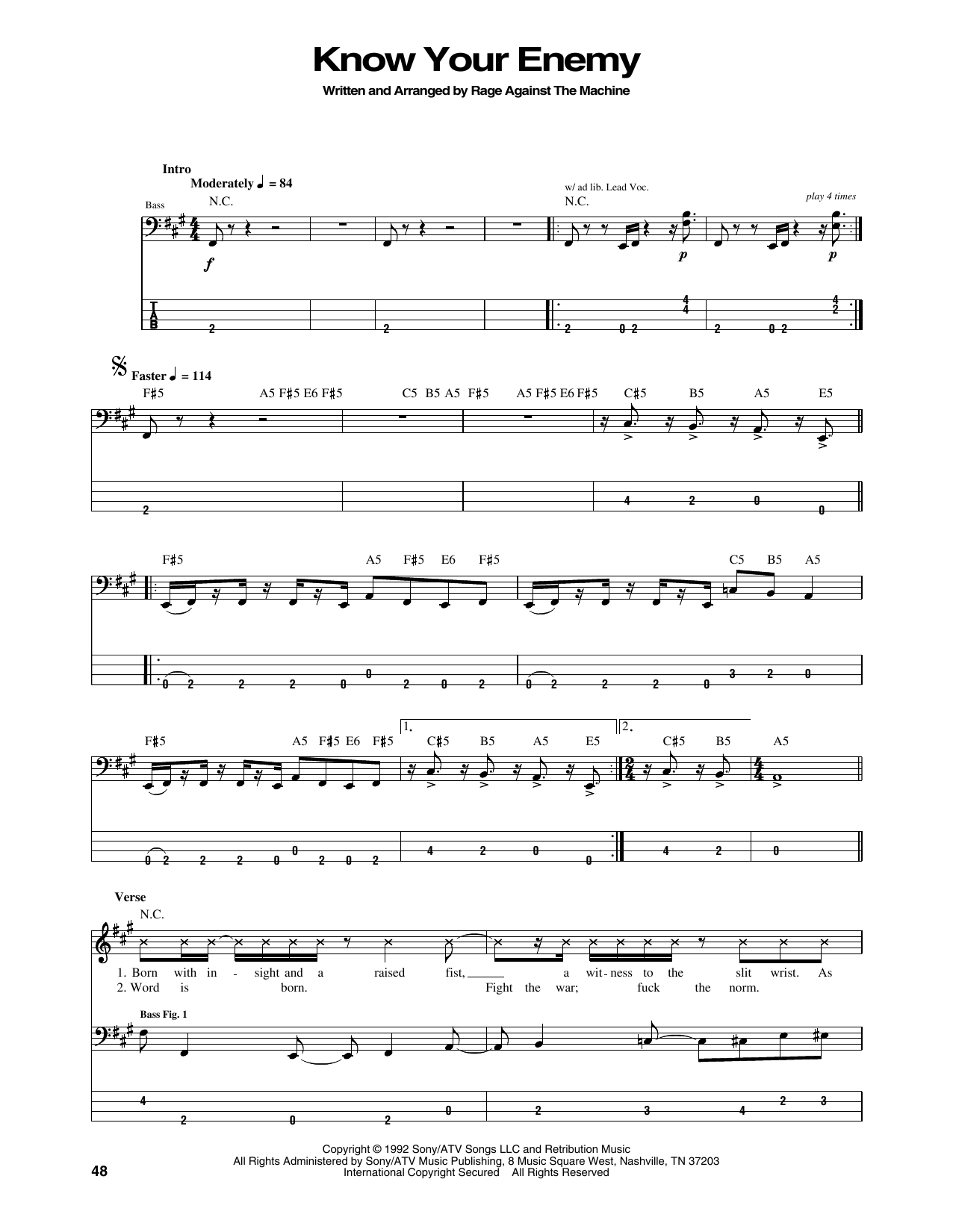 Download Rage Against The Machine Know Your Enemy Sheet Music