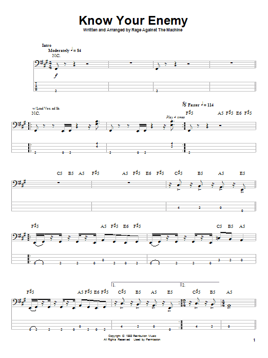 Download Rage Against The Machine Know Your Enemy Sheet Music