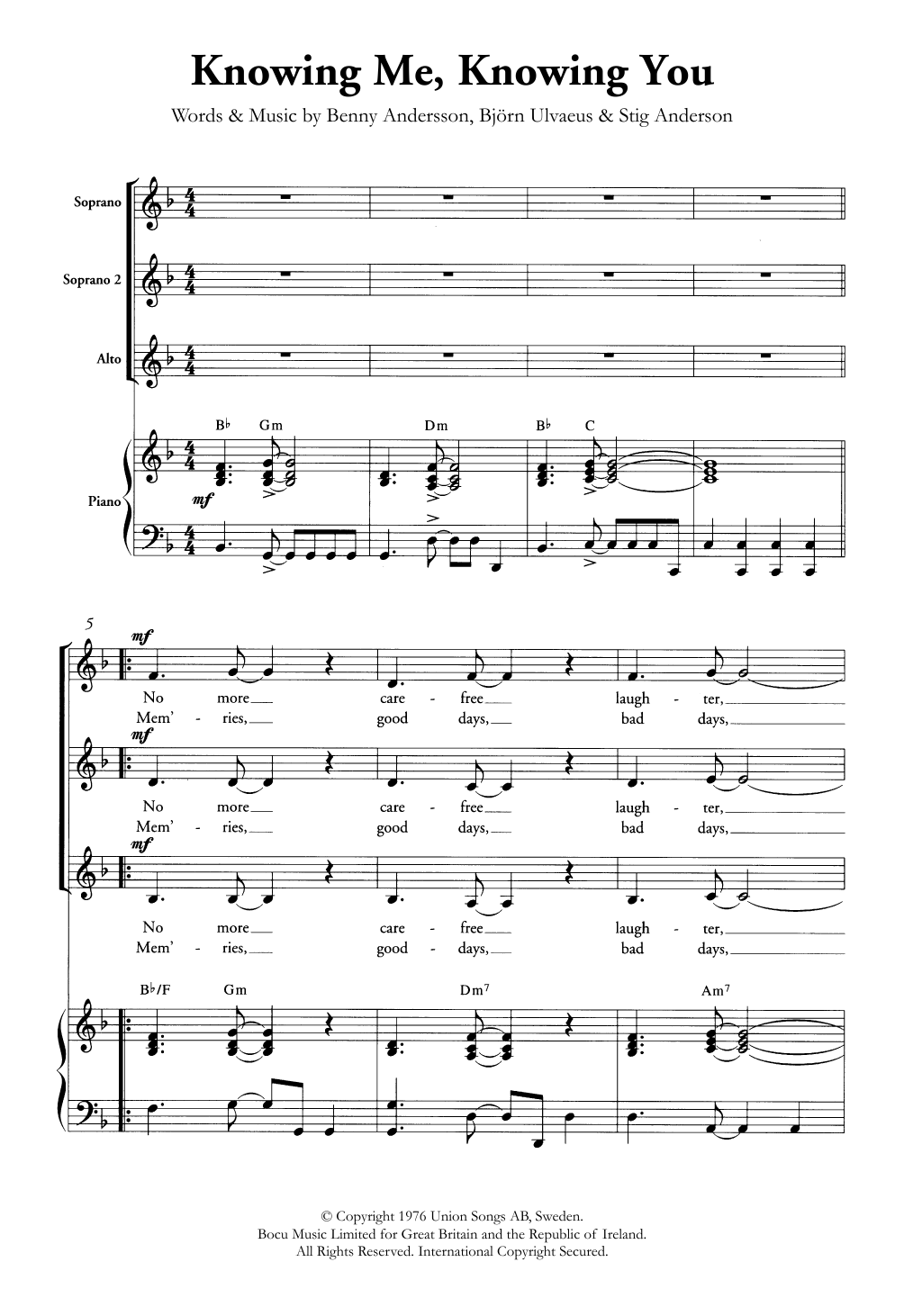 ABBA Knowing Me, Knowing You (arr. Berty Rice) sheet music notes printable PDF score