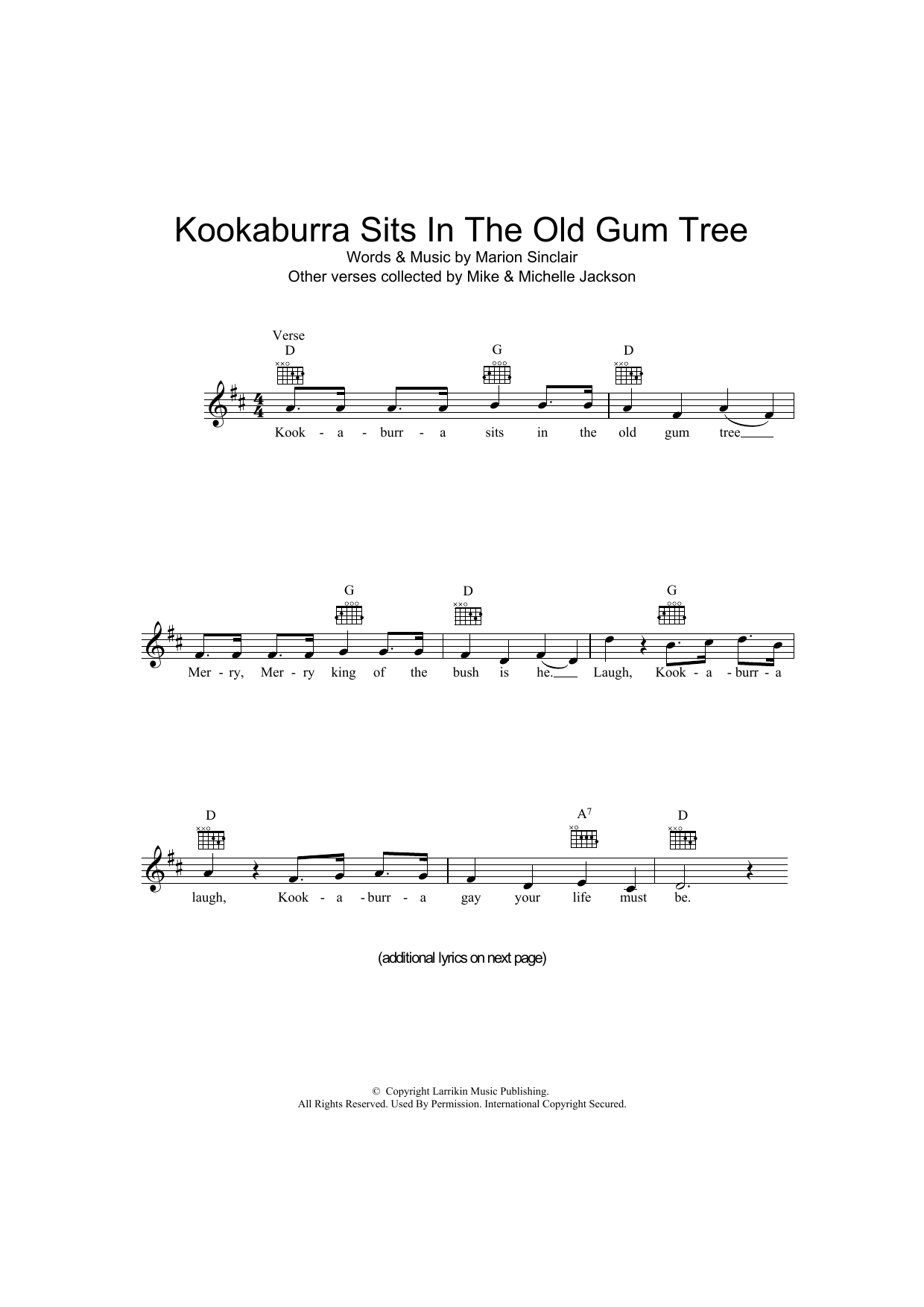 Download Marion Sinclair Kookaburra Sits In The Old Gum Tree Sheet Music