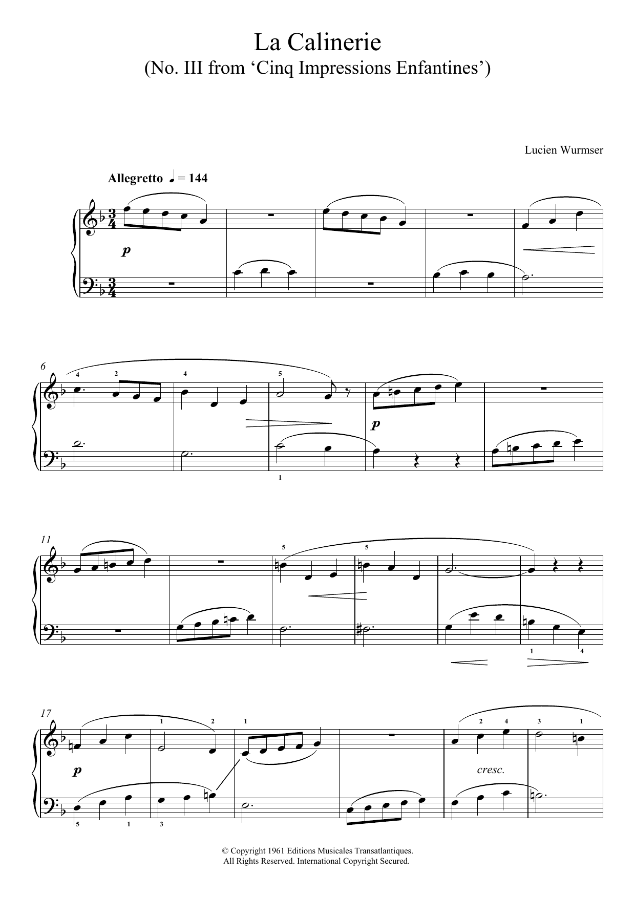 Download Lucien Wurmser La Calinerie (No. III From 'Cinq Impres Sheet Music