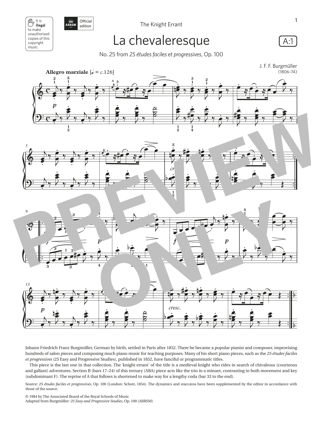 Download J. F. Burgmüller La chevaleresque (Grade 5, list A1, fro Sheet Music
