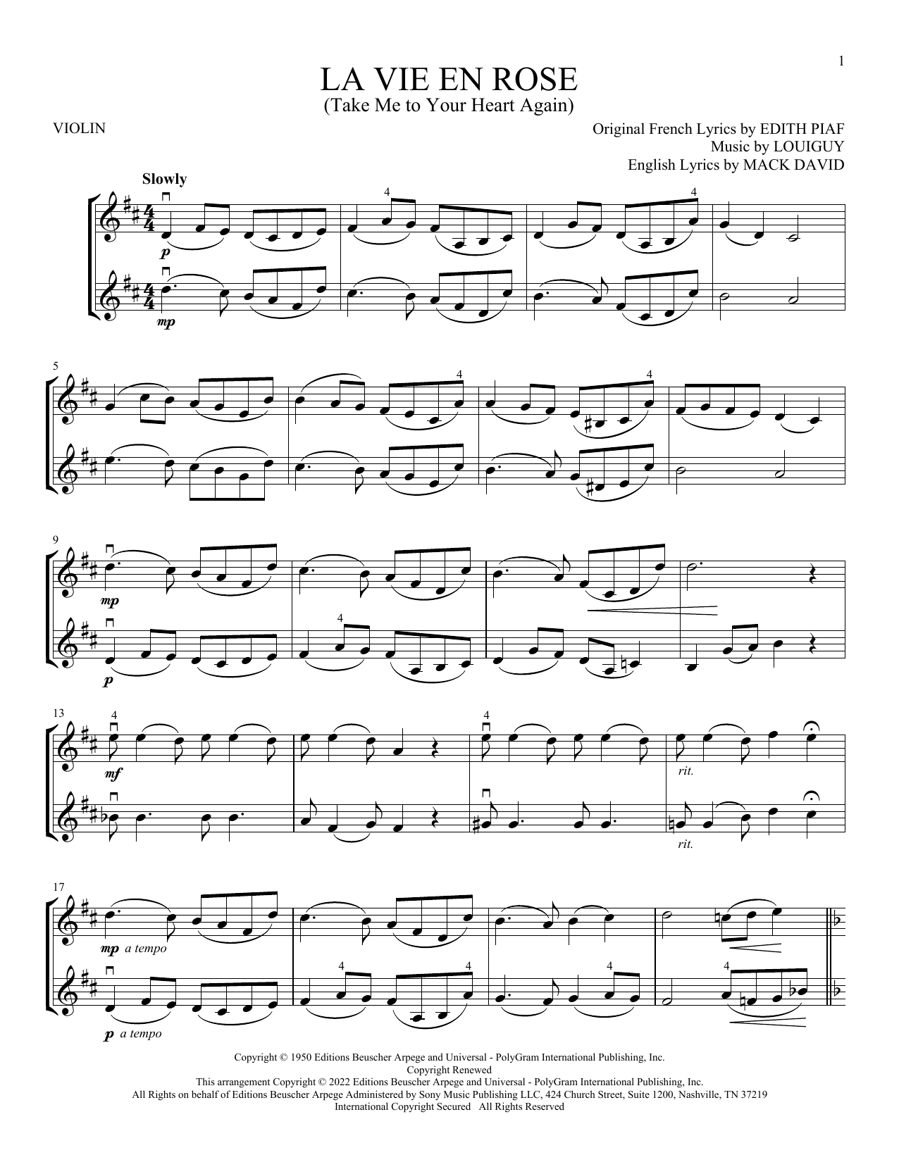 Download Edith Piaf La Vie En Rose (Take Me To Your Heart A Sheet Music