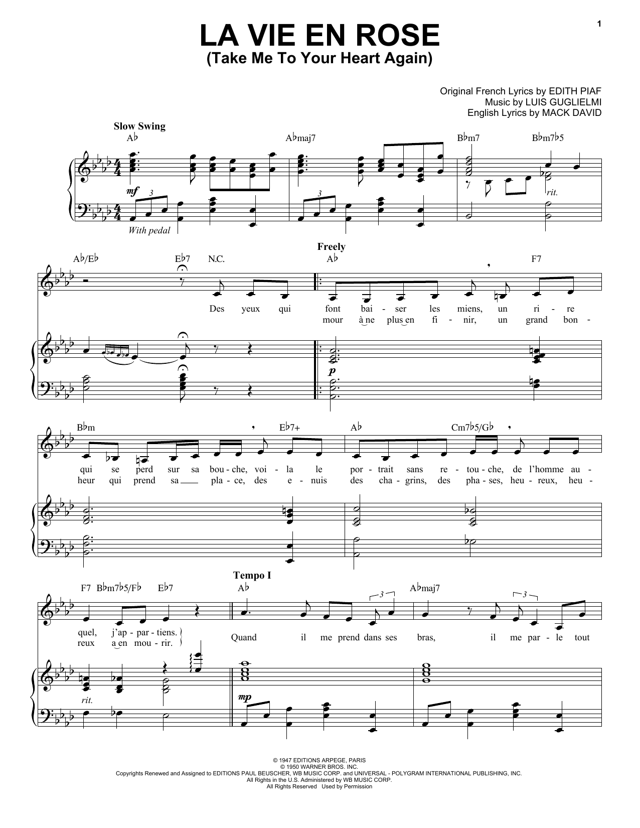 Download Edith Piaf La Vie En Rose (Take Me To Your Heart A Sheet Music