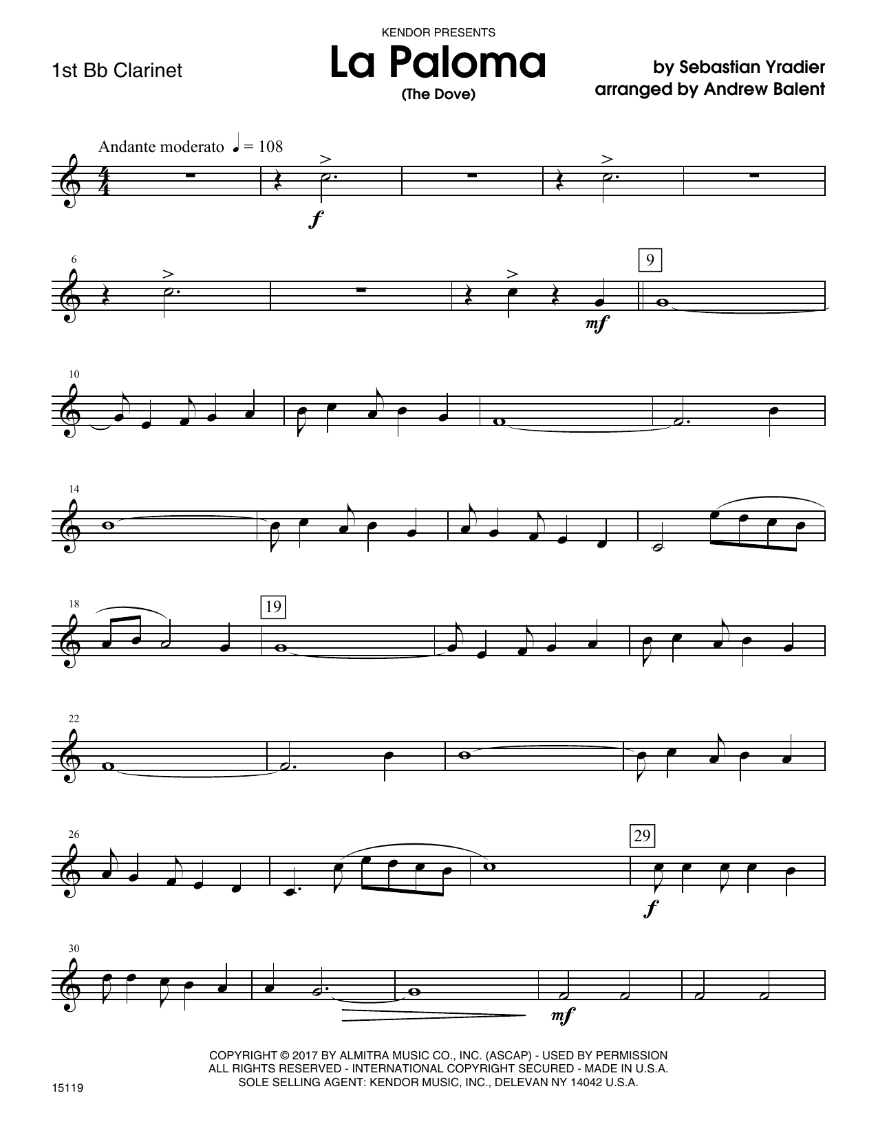 Download Andrew Balent La Paloma (The Dove) - 1st Bb Clarinet Sheet Music