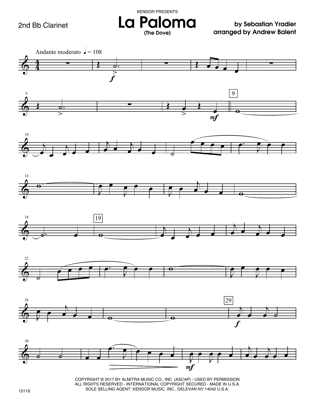 Download Andrew Balent La Paloma (The Dove) - 2nd Bb Clarinet Sheet Music