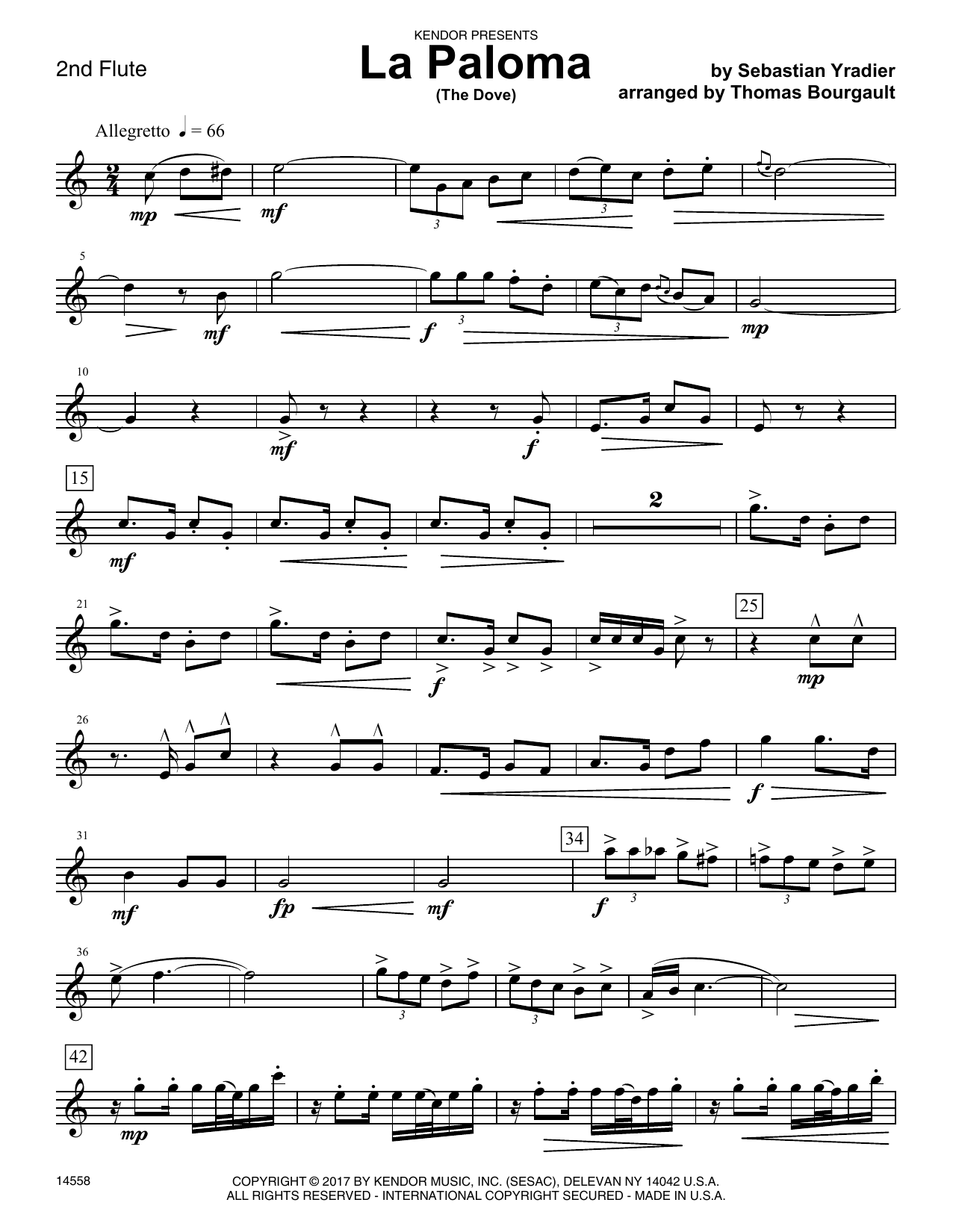 Download Thomas Bourgault La Paloma (The Dove) - 2nd Flute Sheet Music