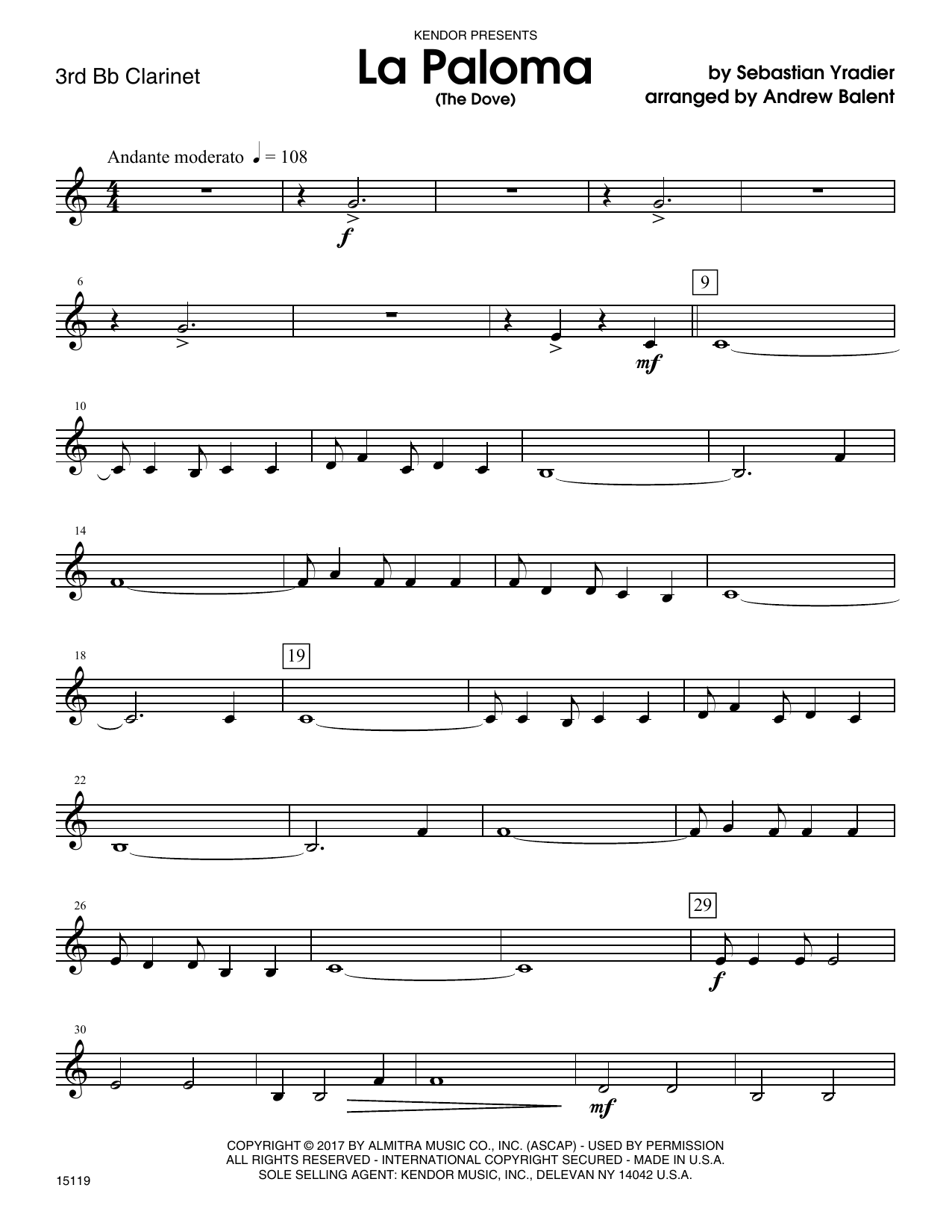 Download Andrew Balent La Paloma (The Dove) - 3rd Bb Clarinet Sheet Music