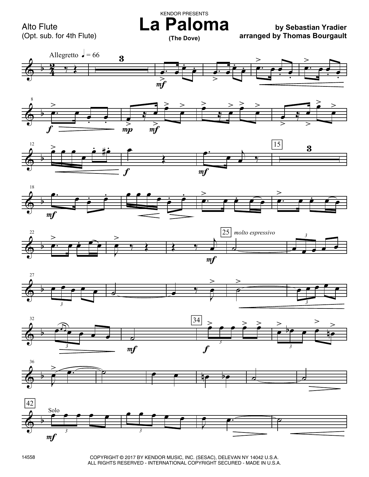 Download Thomas Bourgault La Paloma (The Dove) - Alto Flute Sheet Music
