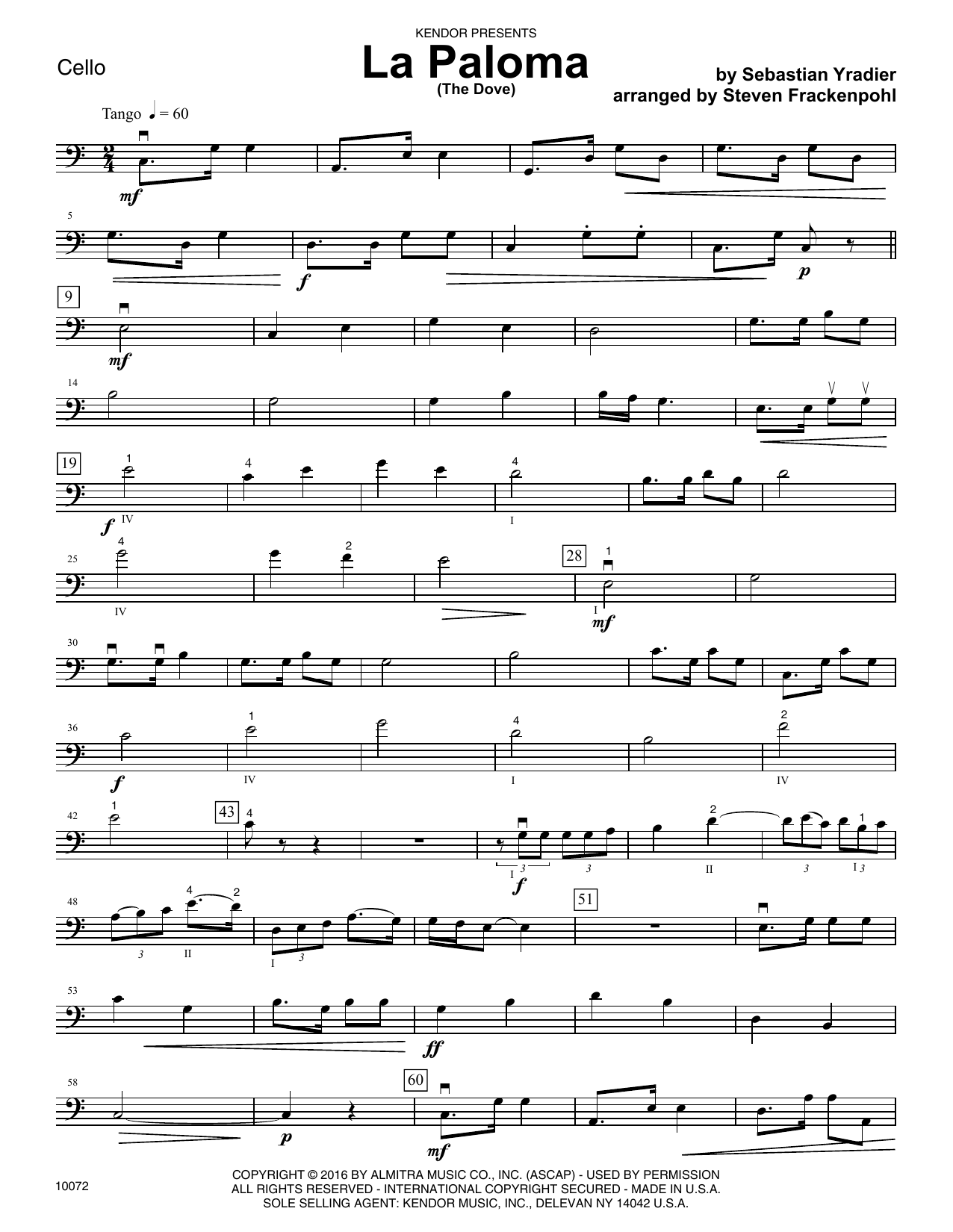 Download Steven Frackenpohl La Paloma (The Dove) - Cello Sheet Music