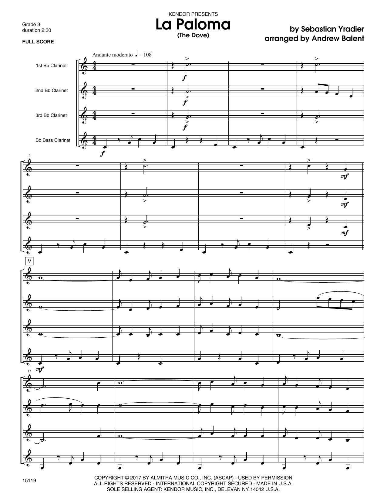 Download Andrew Balent La Paloma (The Dove) - Full Score Sheet Music