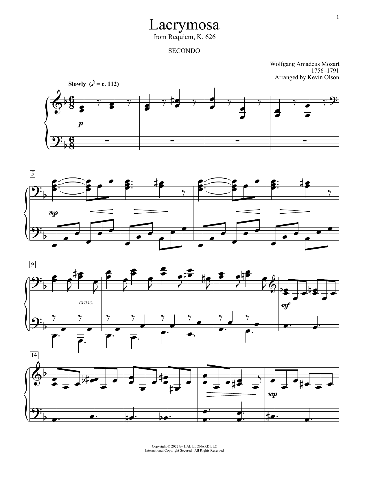 Download Wolfgang Amadeus Mozart Lacrymosa (arr. Kevin Olson) Sheet Music