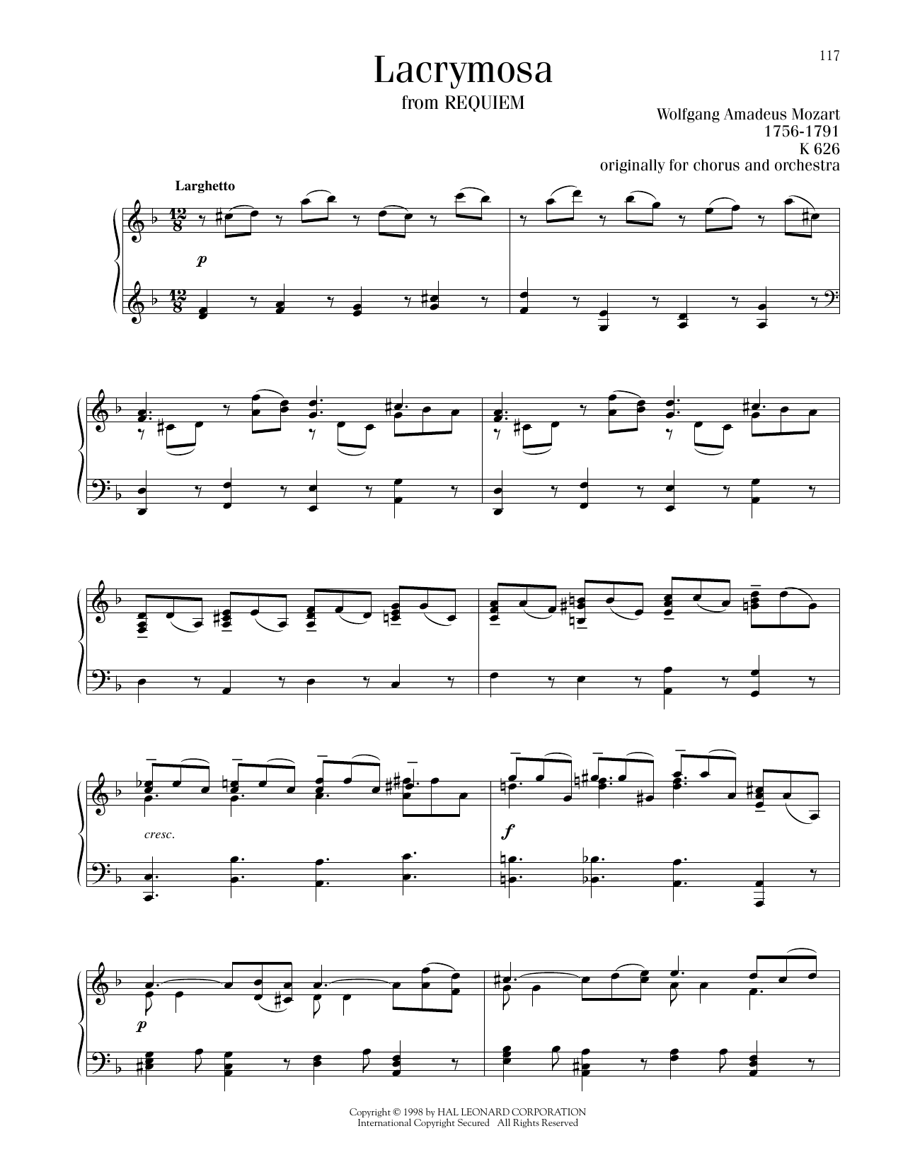 Wolfgang Amadeus Mozart Lacrymosa sheet music notes printable PDF score